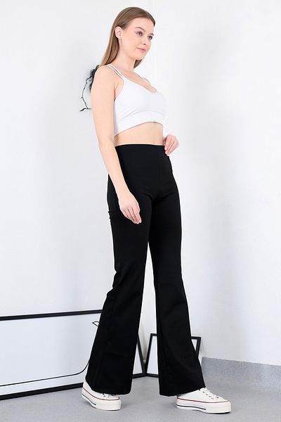 Lamirella Black High Waist Lycra Flare Leg Steel Knitted Trousers Leggings