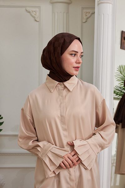 İpekhan Bitter Brown Jacquard Silk Shawl - Checkers Pattern 9002-13