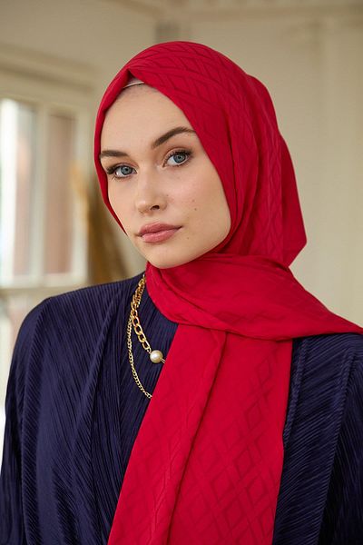 İpekhan Red Silky Jacquard Shawl - Summer Sparkle Collection 9015-22