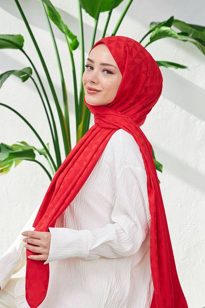 İpekhan Red Silky Jacquard Triangle Pattern Shawl - 9005-14
