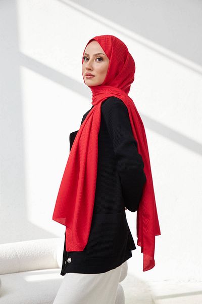 İpekhan Red Lego Patterned Silky Jacquard Shawl - 9004-16