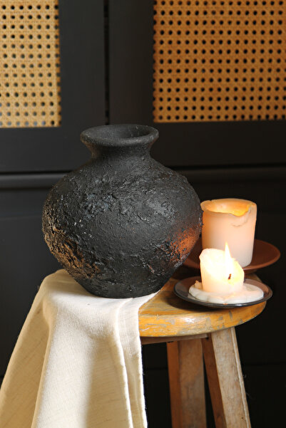 CHANZA HOME مزهرية سيراميك مصنوعة يدويًا باللون الأسود مزهرية صغيرة مزخرفة باللون الأسود