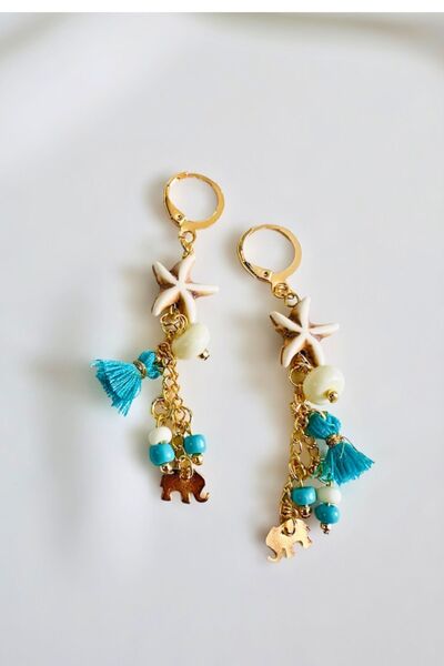 PETEK AKSESUAR Zincir Sallantılı Etnik Deniz Yıldızı Fil Turkuaz Küpe