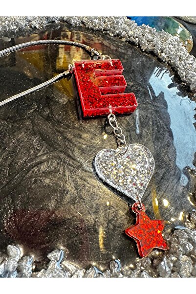 şirinco حرف E فضي اللون أحمر VIP على شكل قلب ونجمة من مادة الايبوكسي مرآة الر...