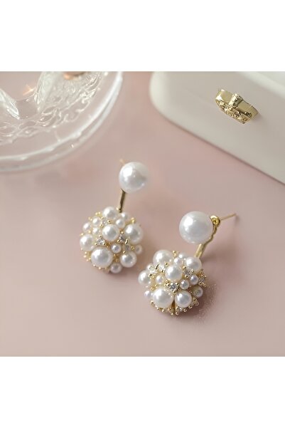 NeednStore Kadın Inci ve Zirkon Detaylı Alt Üst Takımlı Tasarım 925 Ayar Gümüş Üzerine Altın Kaplama Küpe