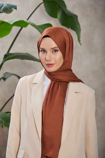 İpekhan Red Brown Alesa Patterned Silky Jacquard Shawl - 9003-17