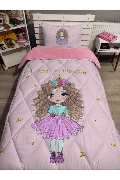 yok yok evim eve dair her şey Welsoft Fluffy Double Sided Little Princess Patterned Single Quilt Sleeping Set