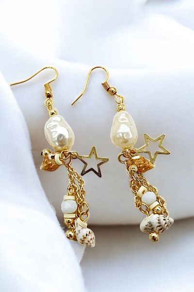 PETEK AKSESUAR Ethnic Starfish and Sea Shell - Chain Dangle Earrings