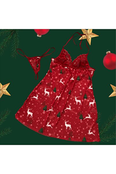 KUMSALDA İNCİ YILBAŞI TEMALI, KIRMIZI TÜL DANTEL DETAYLI  GECELİK