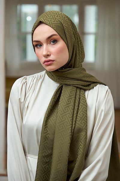 İpekhan Silky Jacquard Shawl Olive - Summer Shine Collection 9017-01