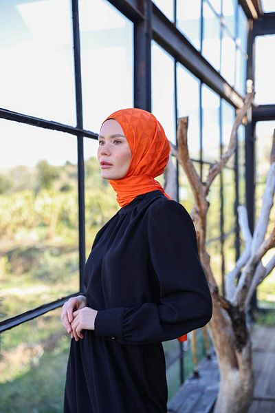 İpekhan Triangle Pattern Silky Jacquard Shawl Orange 9005-20