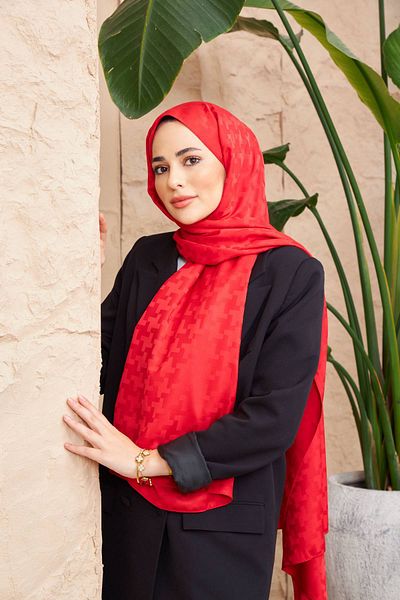 İpekhan Red Cross Patterned Silky Jacquard Shawl - 9006-03