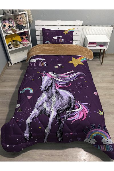 yok yok evim eve dair her şey Welsoft Fluffy Double Sided Purple Unicorn Patterned Single Quilt Sleeping Set