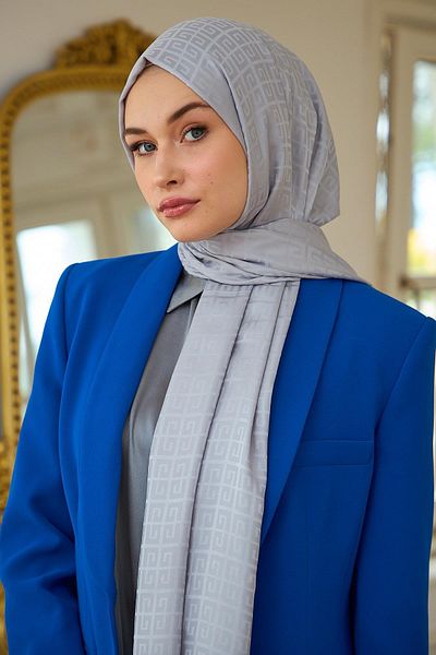 İpekhan Gray Silky Jacquard Shawl - Summer Sparkle Collection 9016-20
