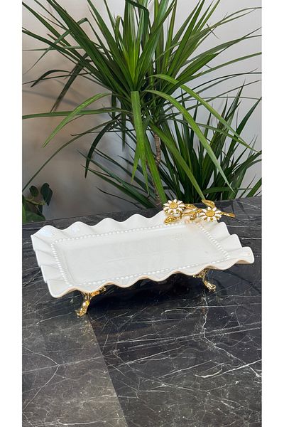 MAY HOME Rectangular Porcelain Metal Gold Pedestal Presentation Plate