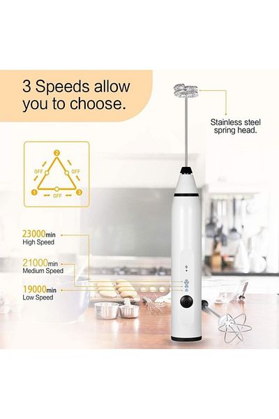 Taimi 3-Speed Adjustable USB Rechargeable Handheld Electric Milk Frother White