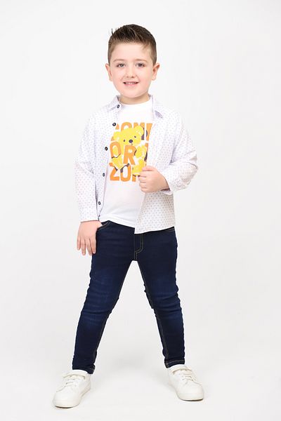 Hafez Kids Bear Printed Blouse with Denim Pants and Patterned Shirt Men's 3 Piece Set