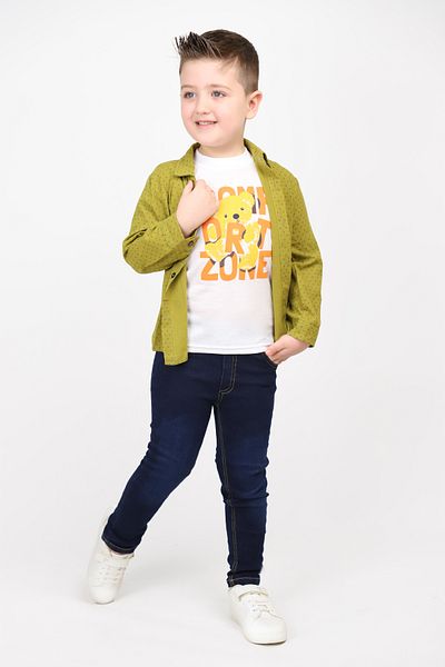 Hafez Kids Bear Printed Blouse with Denim Pants and Patterned Shirt Men's 3 Piece Set
