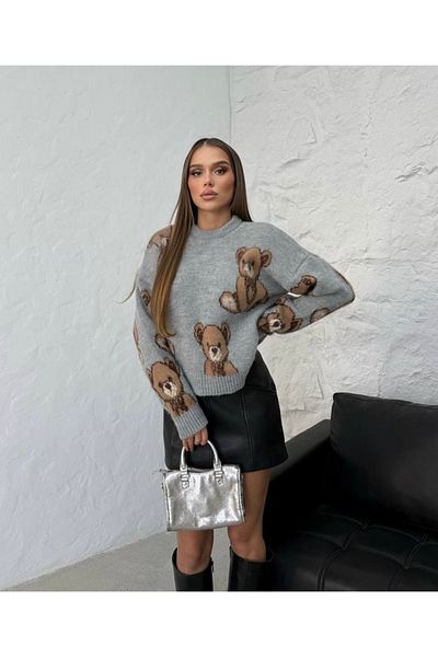 İLKCET MODA Pulover oversize de damă cu broderie urs