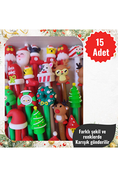 MUTLUYÜZ 15 ADET Yılbaşı Toptan Hediyelik Renkli Jel Kalem ve Silikon Kalem Başlığı - Ayrı Ayrı Paketli