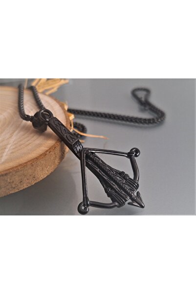 VİKİNGS Paslanmaz Çelik Arbalet Tatar Yay Ok Kolye /60 cm Siyah Zincirli
