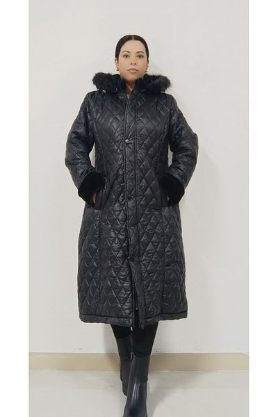 AKŞEN GİYİM Plus Size Hooded Fur Detailed 105 cm Women's Coat
