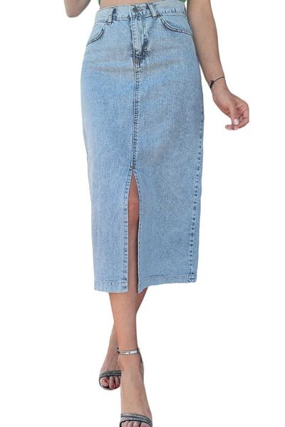 duygu dilsiz Fusta de damă, albastră, cu buzunare, cu lungime maxi, din denim
