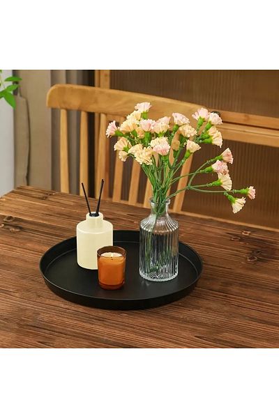 VENON 36 cm Metal Black Floral Pattern Decorative Tray - Thick Quality Tablewear Liner