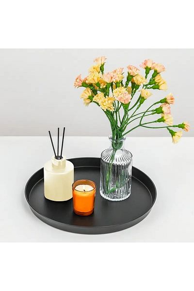VENON 36 cm Metal Black Floral Pattern Decorative Tray - Thick Quality Tablewear Liner