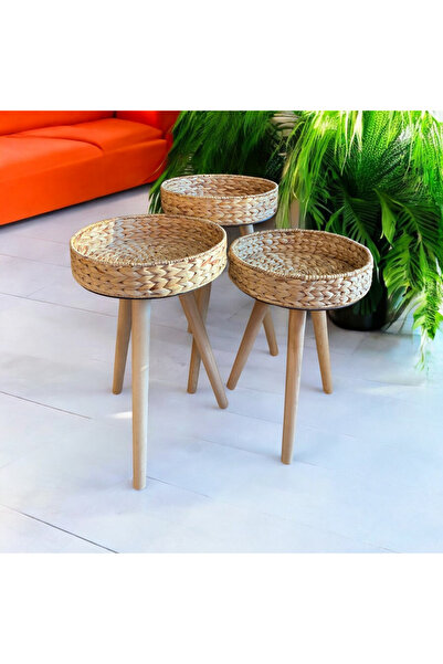 Toprak Design Üçlü(32cm) su sümbülü hasır sehpa, bohem tasarım orta sehpa yam...