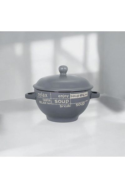 Home Ceramic Brown Soup Bowl with Handle and Lid, 650ml, 14X8