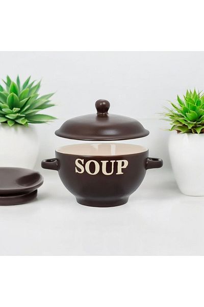 Home Ceramic Brown Soup Bowl with Handle and Lid, 650ml, 14X8