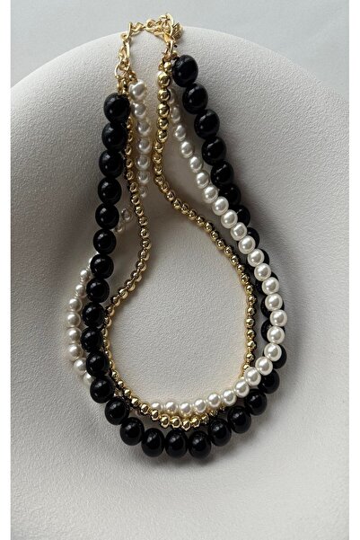 mos&more Siyah Boncuklu Incili 3 Lü Kadın Kolye