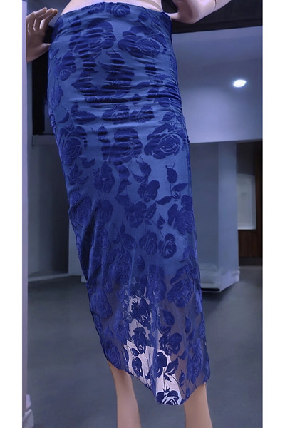 modayiğit Kadife baskılı astarlı gizli fermuarlı lacivert tül etek