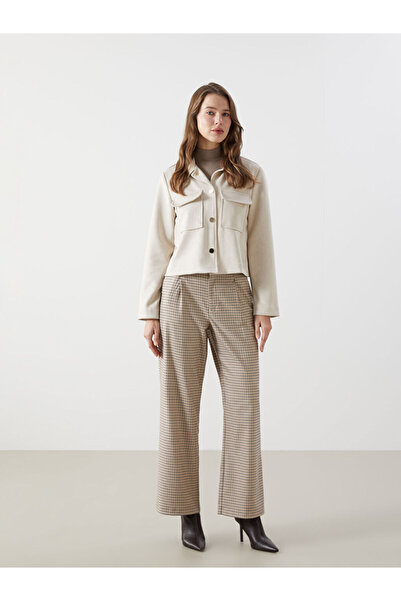 LC Waikiki Brown Loose Fit Plaid Women's Trousers