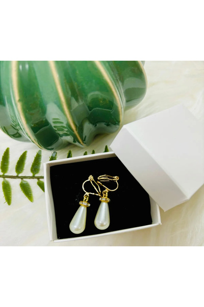 1PARÇAMAVİ Taşlı damla inci klipsli deliksiz kadın küpesi - kıstırmalı küpe