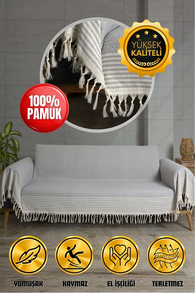Akaystore Cotton Fringed Sofa Cover - 180X300 cm - Covers Back, Seating and Arm Parts