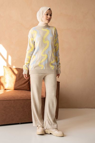 4S1B FASHION Striped Crew Neck Sweater and High Waist Pants Knitwear Hijab Set - 0259