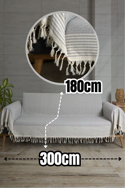 Akaystore Cotton Fringed Sofa Cover - 180X300 cm - Covers Back, Seating and Arm Parts