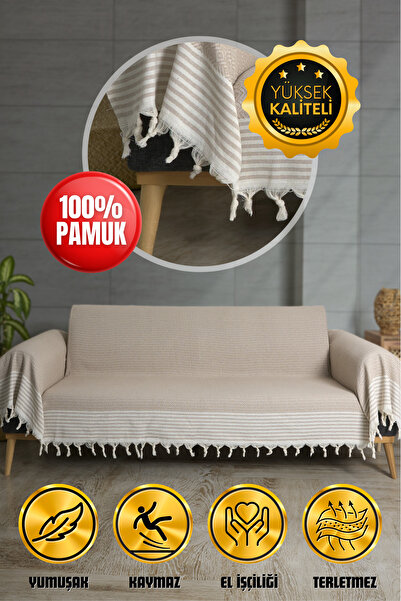 Akaystore Качествен памучен калъф за диван с ресни 180x300 см, покриващ облег...