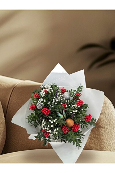 İnci Tanem Beyaz Sarmalı 12 Dal Kokina Yılbaşı Buketi (Özel Tasarım Çiçek Aranjmanı)