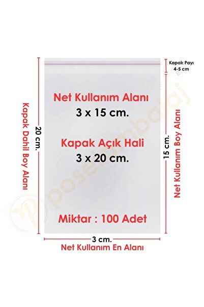 CarpCorn 3x15+5 Cm. (3*20) 100 Adet - Şeffaf Bantlı Yapışkanlı Opp Jelatin Poşet