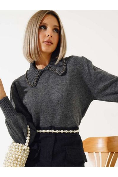 LUSSOLİFE Stone Detailed Shirt Collar Women's Knitwear Sweater