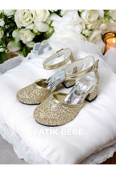 PATİK BEBE Pantofi de seară strălucitori de culoare aurie cu toc pentru fete