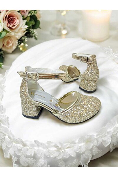 PATİK BEBE Pantofi de seară strălucitori de culoare aurie cu toc pentru fete