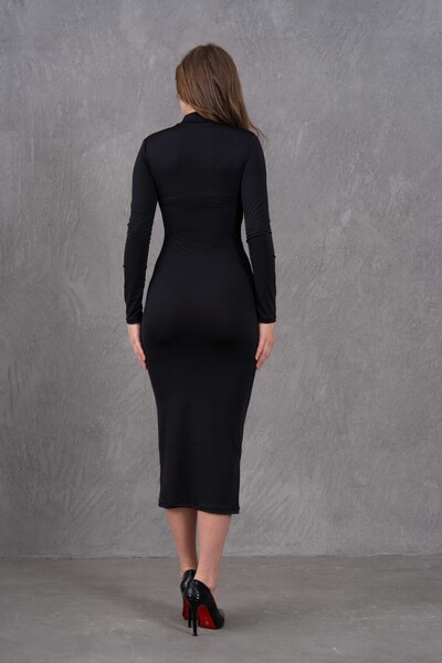 bayansepeti Kadın Esnek Sandy Kumaş Tül Dekolte Detaylı Dik Yaka Uzun Kollu Midi Boy Siyah Abiye Elbise 10957