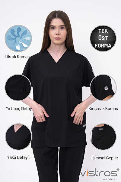 Vistros Medikal V Yaka Detaylı Siyah Doktor Hemşire Forması Medikal Forma Cerrahi Üst Likralı Kumaş (Üst) V-002U