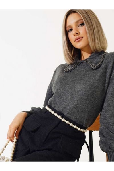 LUSSOLİFE Stone Detailed Shirt Collar Women's Knitwear Sweater