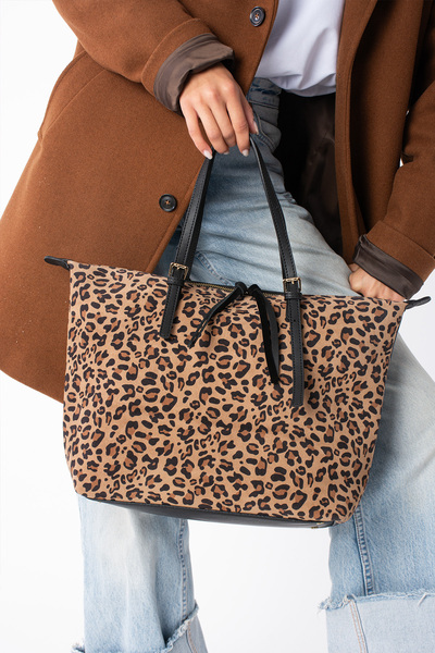 DSN Frezzy Hakiki Deri Süet Tote Çanta Lepar/Siyah Y6313