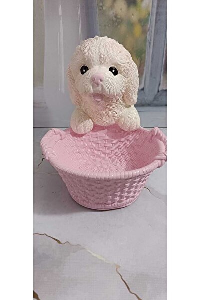 Merland El Yapımı Dekoratif Köpek Biblo,pembe Sepetli Beyaz Fino.